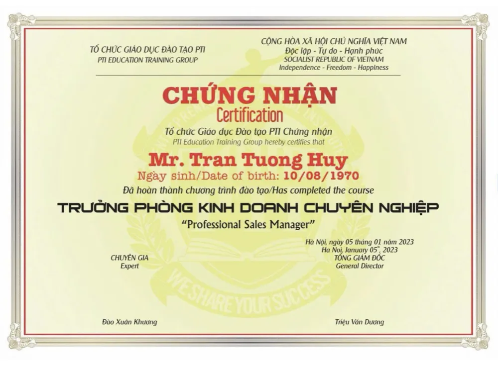Mẫu chứng nhận hoàn thành chương trình đào tạo do PTI cấp